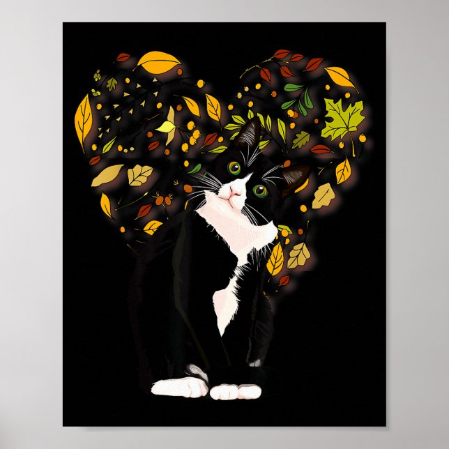 Tuxedo Cat T Shirt Gift Autumn Fall Leaves Black A Poster (Vorne)