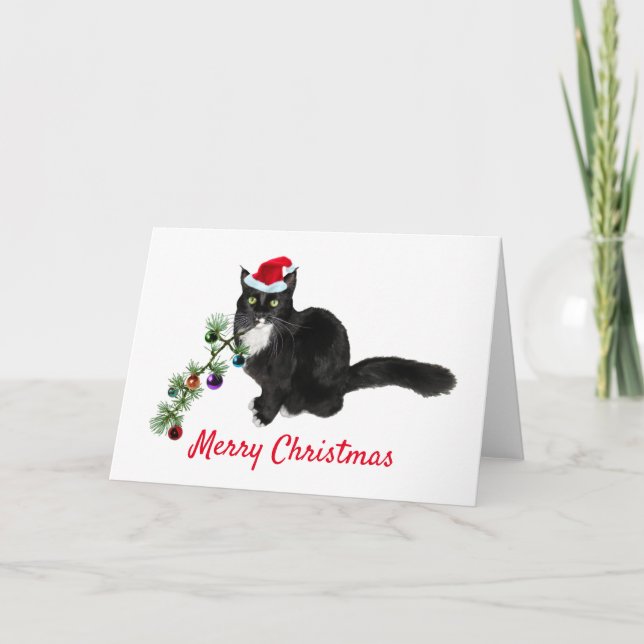 Tuxedo Cat Tree Weihnachtskarte Feiertagskarte (Vorderseite)