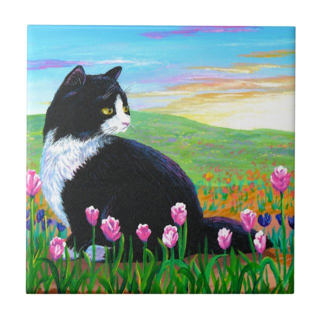 Tuxedo Cat Tulips Creationarts Fliese (Vorderseite)