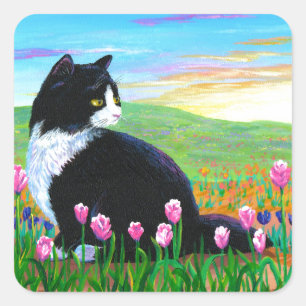 Tuxedo Cat Tulips Creationarts Quadratischer Aufkleber