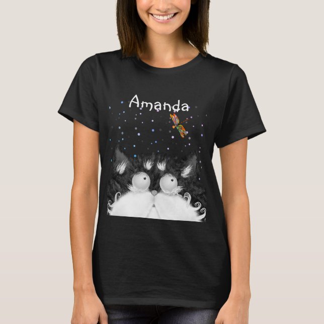 Tuxedo Cat überrascht von Dragonfly (Dark) T - Shi T-Shirt (Vorderseite)