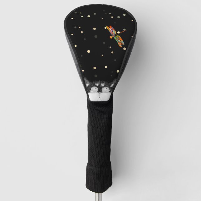 Tuxedo Cat überrascht von Dragonfly Golf Headcover (Vorderseite)