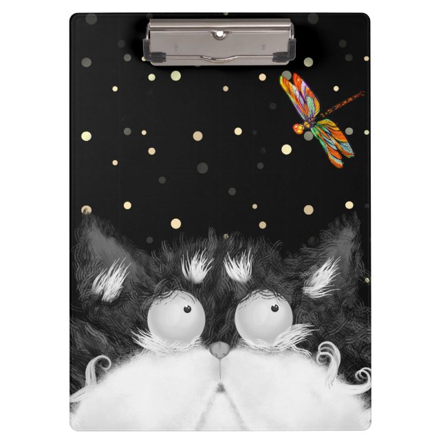 Tuxedo Cat überrascht von Dragonfly Klemmbrett (Vorderseite)