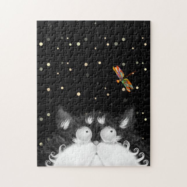 Tuxedo Cat überrascht von Dragonfly Puzzle (Vertikal)