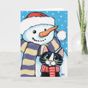 Tuxedo Cat und Carrot Nose Snowman Malerei Feiertagskarte