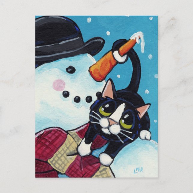 Tuxedo Cat und Gentleman Snowman Postcard Postkarte (Vorderseite)