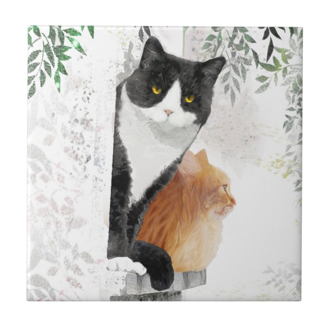 Tuxedo Cat und Ginger Cat Hangout Keramik Tile Fliese (Vorderseite)