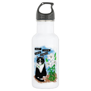 Tuxedo Cat und Lilies   Inspiration Zitat Edelstahlflasche