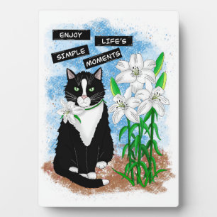Tuxedo Cat und Lilies   Inspiration Zitat Fotoplatte