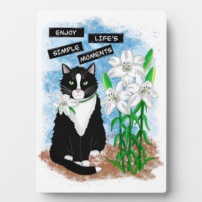 Tuxedo Cat und Lilies | Inspiration Zitat Fotoplatte (Vorderseite)