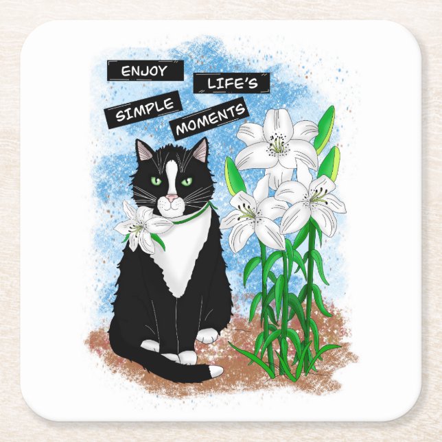 Tuxedo Cat und Lilies | Inspiration Zitat Rechteckiger Pappuntersetzer (Vorderseite)