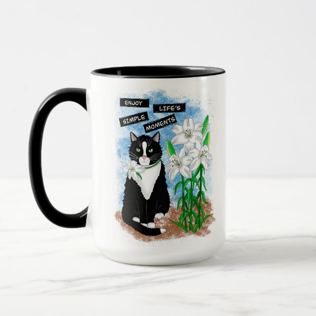 Tuxedo Cat und Lilies | Inspiration Zitat Tasse (Links)