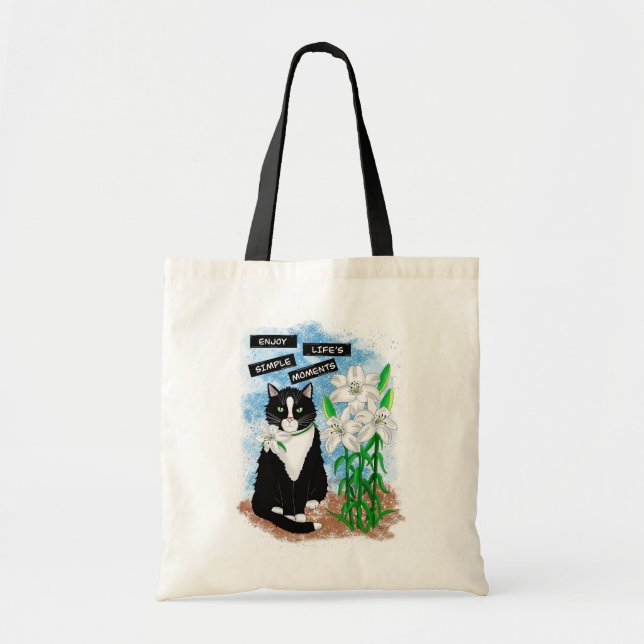Tuxedo Cat und Lilies | Inspiration Zitat Tragetasche (Vorne)