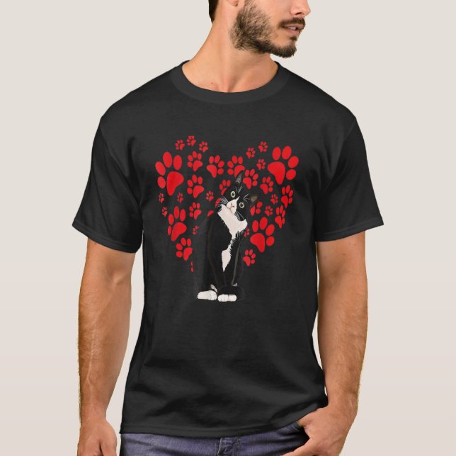 Tuxedo Cat Valentine Heart Paw For Kitten And Cat  T-Shirt (Vorderseite)