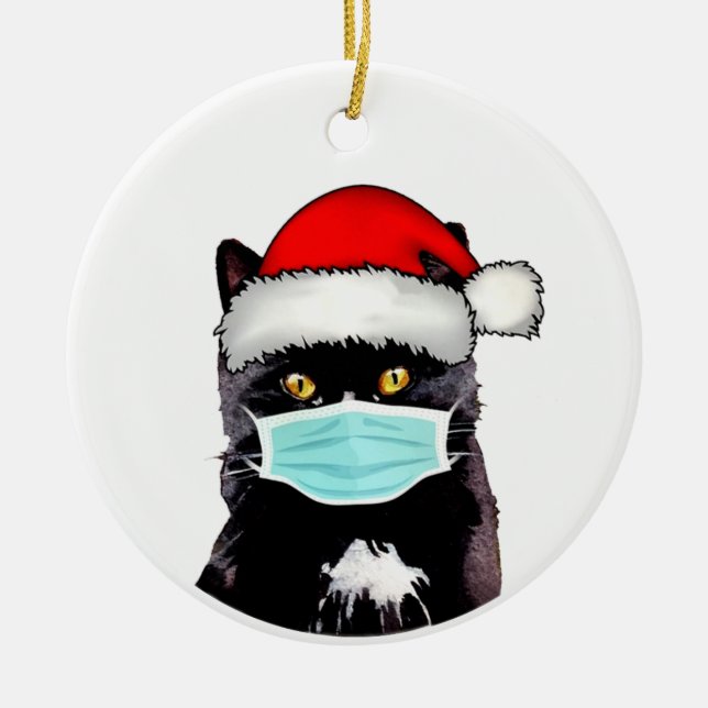 Tuxedo Cat Wear Maske Weihnachtsdekoration Keramik Ornament (Vorne)