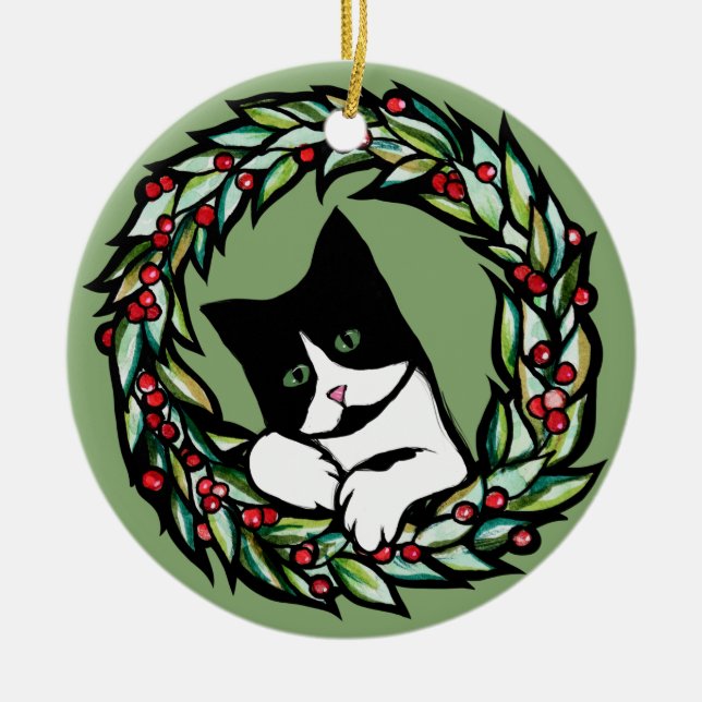 Tuxedo Cat Weihnachten Weihnachten Weihnachten Kat Keramik Ornament (Vorne)