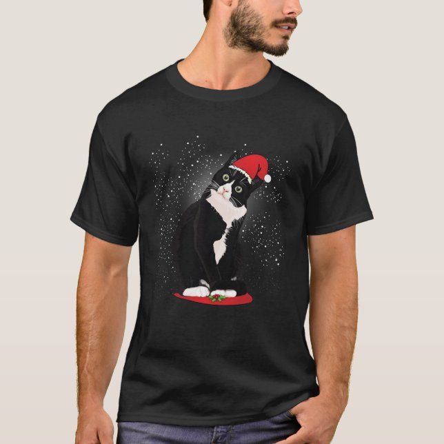 Tuxedo Cat Weihnachtsfeier Weihnachtsmann Schnee W T-Shirt (Vorderseite)
