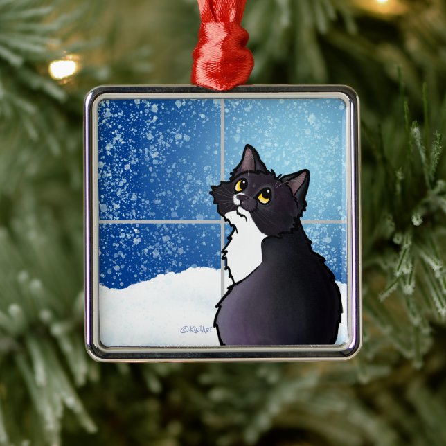 Tuxedo Cat Window Keramik Ornament Aus Metall (Baum)