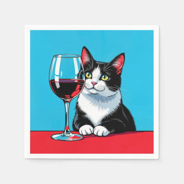 Tuxedo Cat With Glass of Red Wine Serviette (Vorderseite)