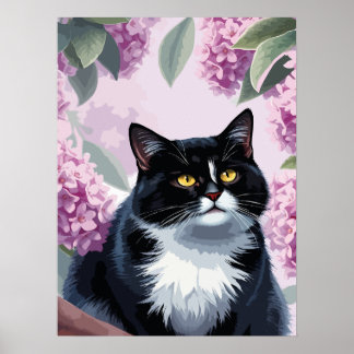 Tuxedo cat with lilac flowers, cute floral cat poster