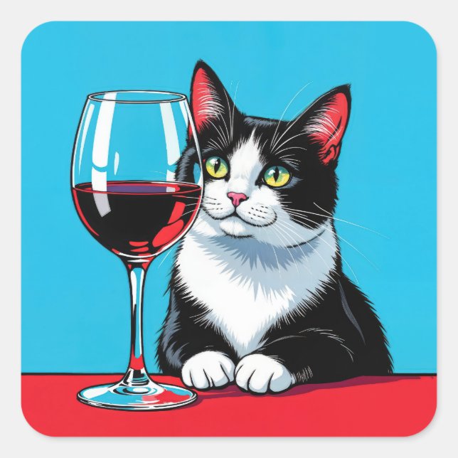 Tuxedo Cat With Red Wine Quadratischer Aufkleber (Vorderseite)