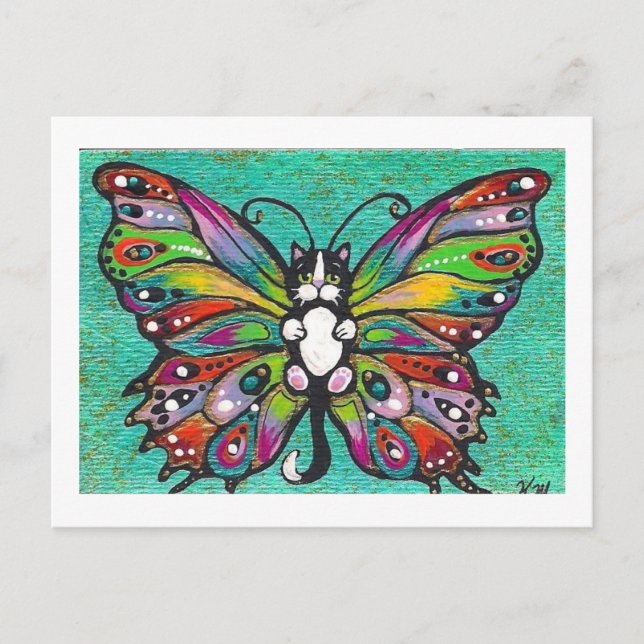 Tuxedo Catterfly Cat/Butterfly Whimsical Fantasy! Postkarte (Vorderseite)