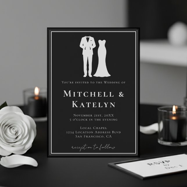Tuxedo & Dress Minimal Border Black Wedding Einladung (Tuxedo & Dress Minimal Border Black Wedding Invitation
)
