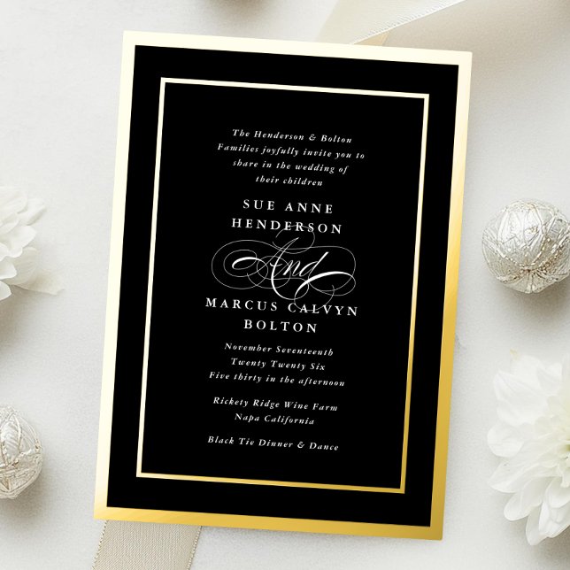 Tuxedo Formal Calligraphy Gold Frame Wedding Folieneinladung (Von Creator hochgeladen)