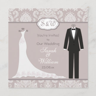 Tuxedo & Gown auf rosa-graue Damast Hochzeit Einladung