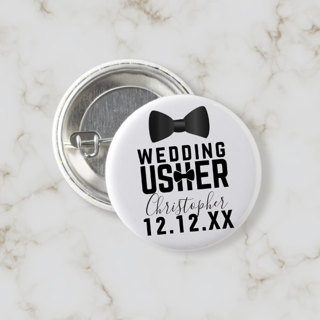 Tuxedo-Hochzeitsplatzanweiser Brautparty-Knopf Button (A button to pin on your Usher. Just add their name and your wedding date)