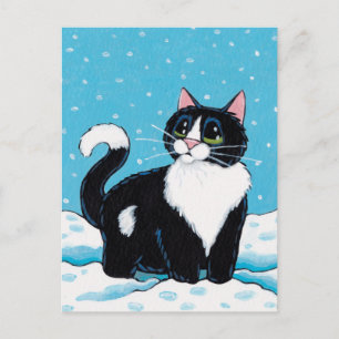 Tuxedo Kat Stehend Knie Tief im Schneeback Postkarte