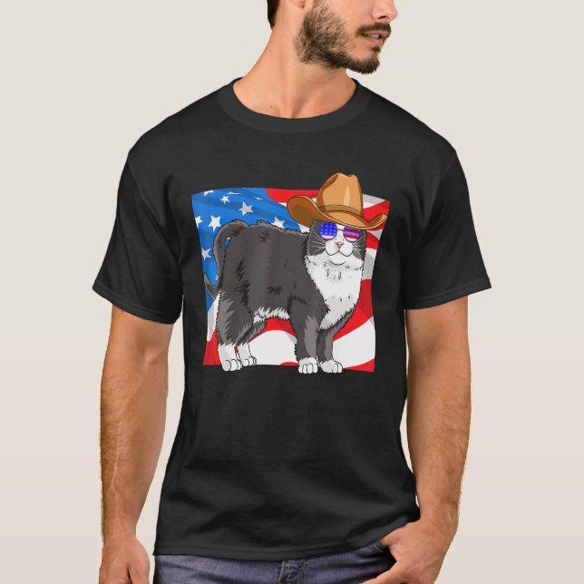 Tuxedo Katze 4. Juli Patriotische amerikanische Fl T-Shirt (Vorderseite)