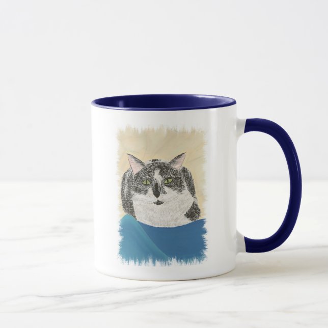 Tuxedo-Katze auf blauem Deckengemälde, Tasse (Rechts)