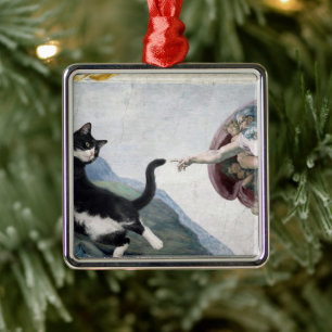 Tuxedo-Katze berührt die göttliche Pfote           Ornament Aus Metall