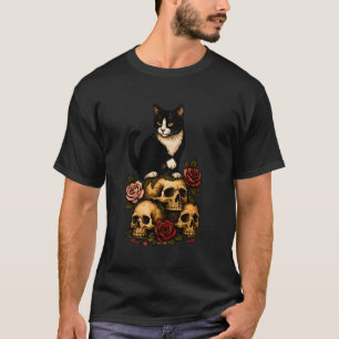 Tuxedo-Katze der Krypta – Rosen und Totenköpfe T-Shirt