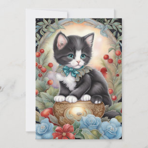 Tuxedo-Katze Floral Art Nouveau  Feiertagskarte
