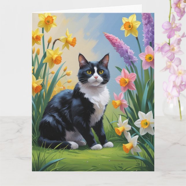 Tuxedo Katze Frühlingsblumen Malerei Karte (Orchidee)