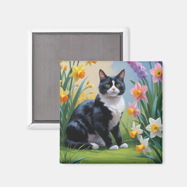 Tuxedo Katze Frühlingsblumen Malerei Magnet (Vorderseite/Rückseite)
