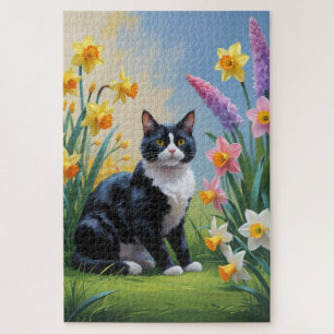 Tuxedo Katze Frühlingsblumen Malerei Puzzle