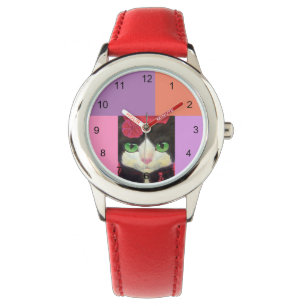 Tuxedo Katze Gesicht Schwarz-Weiß-rote Illustrati Armbanduhr