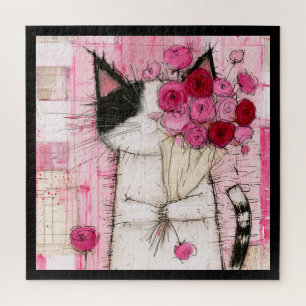 Tuxedo-Katze hält rosa Rosenbouquet Puzzle