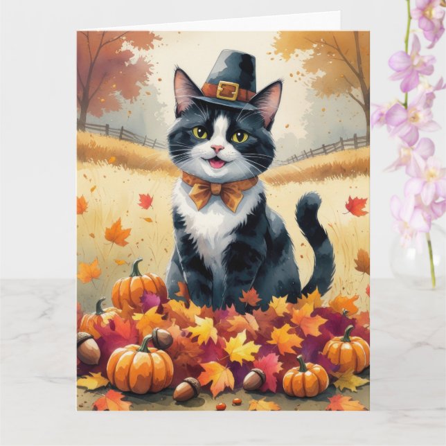 Tuxedo Katze im Herbst hinterlässt Erntedank Art Karte (Orchidee)