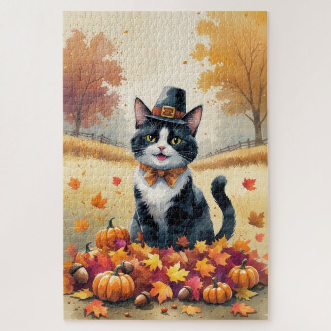 Tuxedo Katze im Herbst hinterlässt Erntedank Art Puzzle (Vertikal)