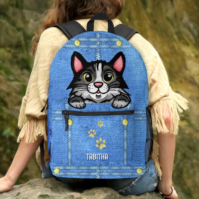 Tuxedo Katze in Imitate Denim Pocket mit Individue Bedruckter Rucksack (Von Creator hochgeladen)