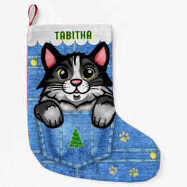 Tuxedo Katze in Imitate Denim Pocket mit Individue Kleiner Weihnachtsstrumpf