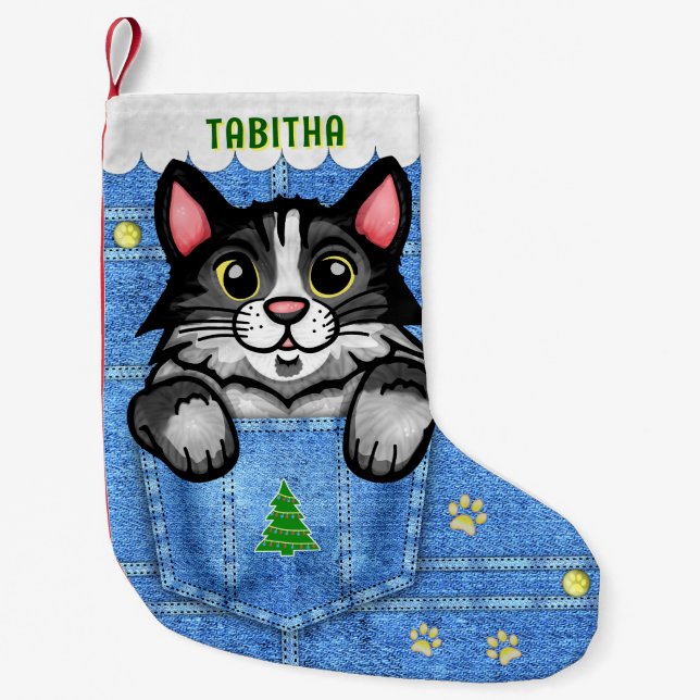 Tuxedo Katze in Imitate Denim Pocket mit Individue Kleiner Weihnachtsstrumpf (Vorderseite)