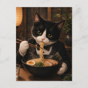 Tuxedo-Katze isst Ramen  Postkarte