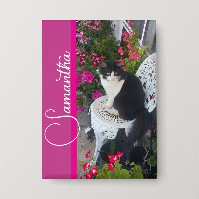 Tuxedo-Katze Katzen und Blumen Mädchen Name Dunkel Button (Vorderseite)