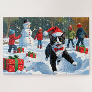 Tuxedo-Katze läuft im Schnee mit Weihnachtsmütze Puzzle