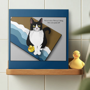 Tuxedo-Katze Lustig Badezimmer Privatsphäre Blau Fliese